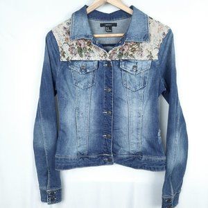 F21 Floral Rose Denim Jean Jacket